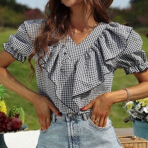 SHEIN Black and White Gingham Ruffle Deep V-Neck Blouse